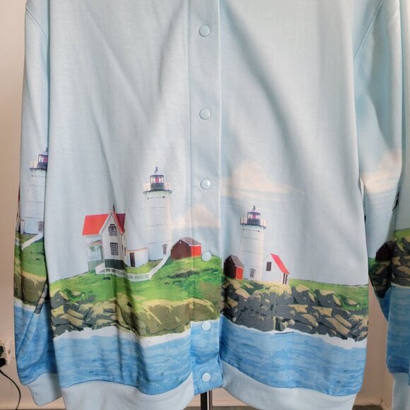 VINTAGE Blair Women’s Long Blue Light Houses Cardigan Sweater (Size: Medium) - Picture 9 of 16